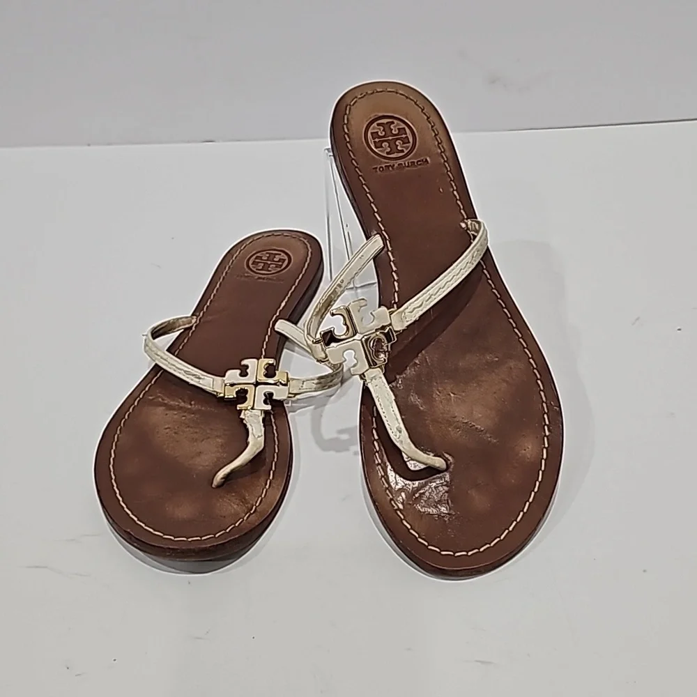 Tory Burch Thong Sandal Logo White Leather Size 8M flats